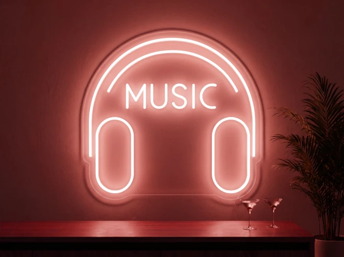 Neonskylt «Musik» i röd LED-neon, monterad på vägg