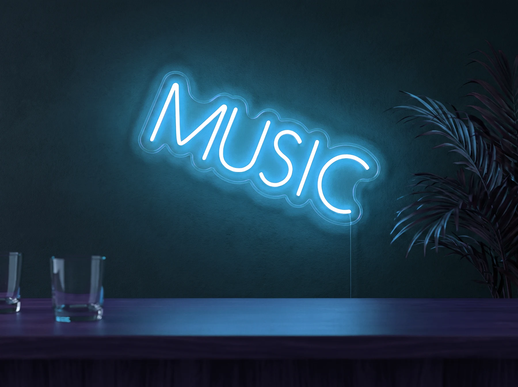 Neonskylt «Musik, smal» i isblå LED-neon, monterad på vägg