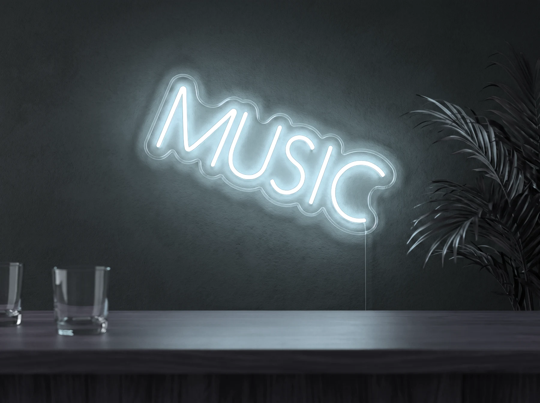 Neonskylt «Musik, smal» i iskall vit LED-neon, monterad på vägg