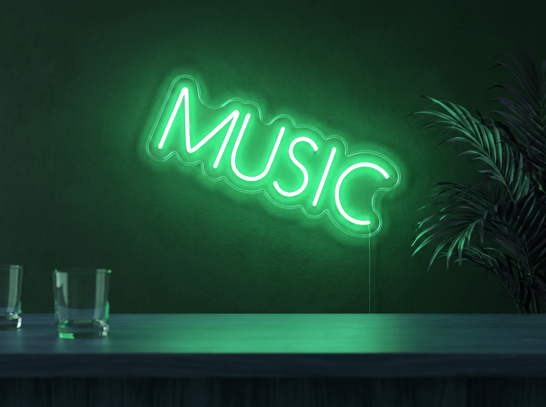 Neonskylt «Musik, smal» i mintgrön LED-neon, monterad på vägg