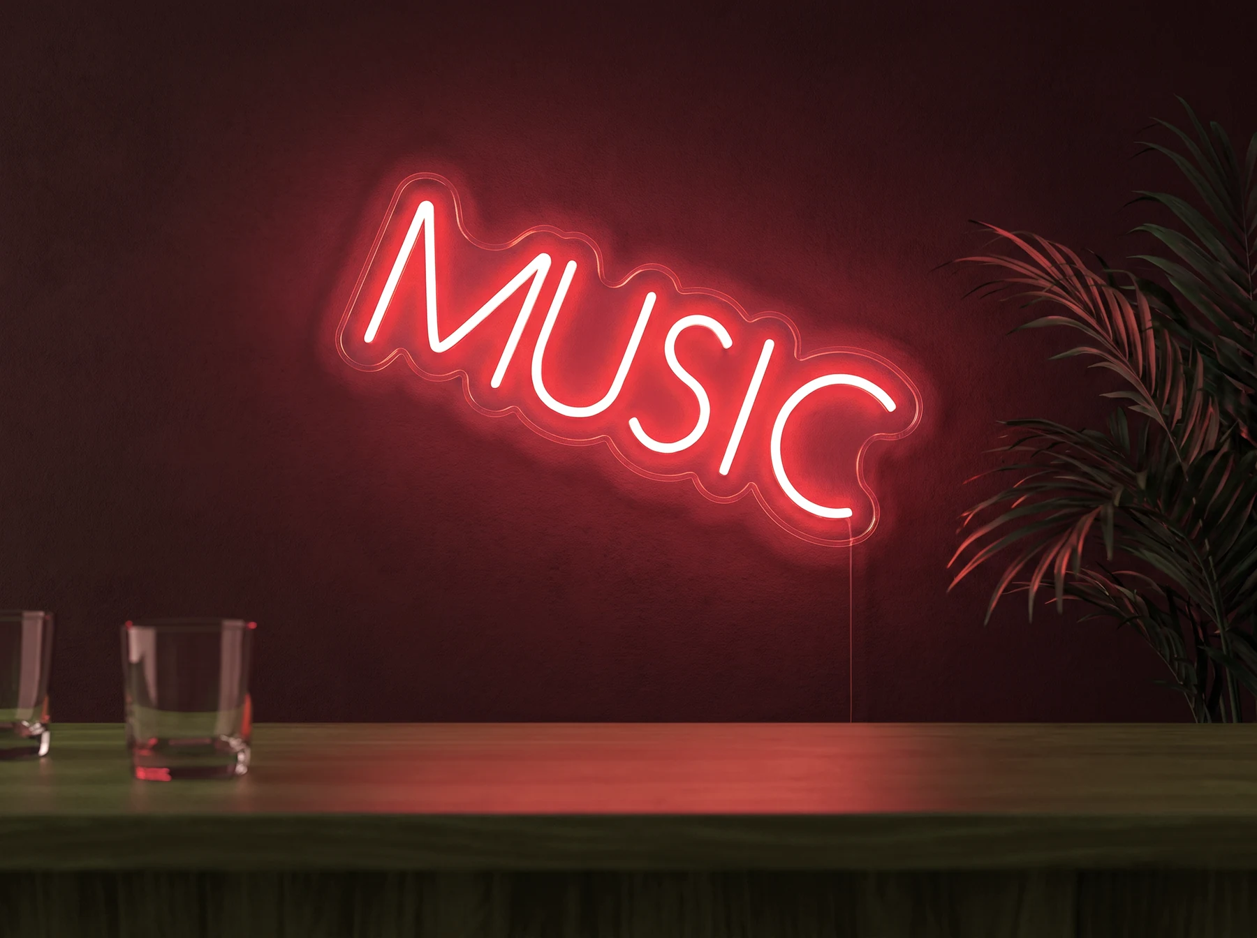 Neonskylt «Musik, smal» i röd LED-neon, monterad på vägg