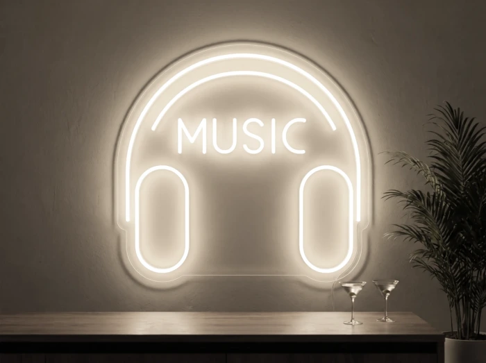 Neonskylt «Musik» i varmvit LED-neon, monterad på vägg