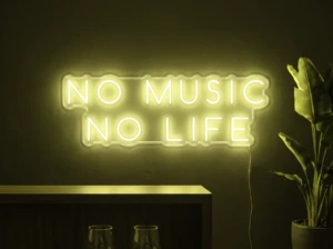 Neonskylt «No Music No Life» i gul LED-neon, monterad på vägg