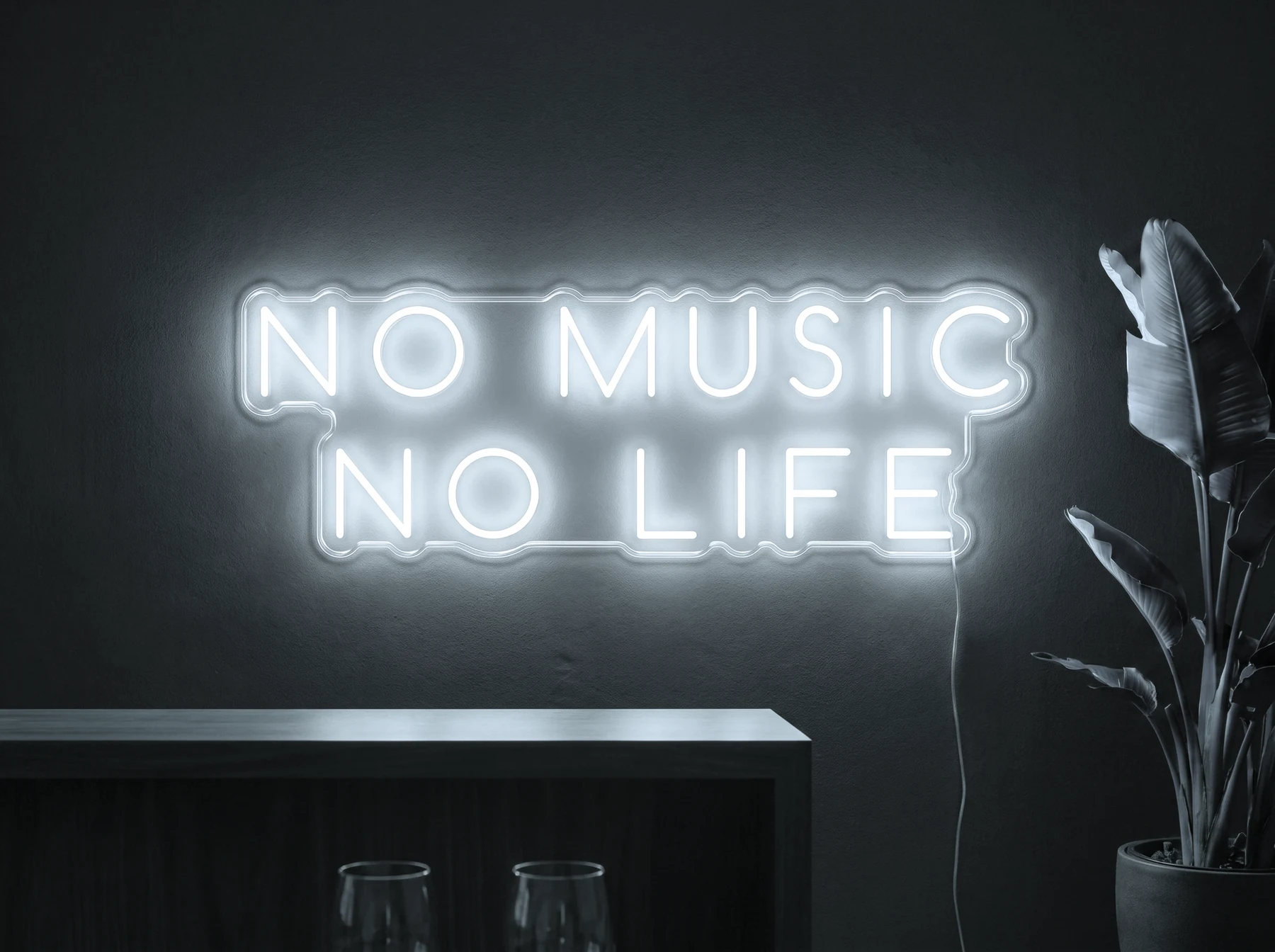 Neonskylt «No Music No Life» i iskall vit LED-neon, monterad på vägg