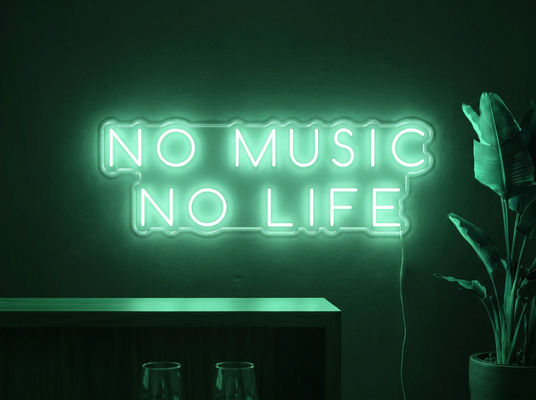 Neonskylt «No Music No Life» i mintgrön LED-neon, monterad på vägg