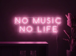 Neonskylt «No Music No Life» i rosa LED-neon, monterad på vägg