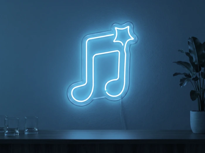 Neonskylt «Not» i isblå LED-neon, monterad på vägg