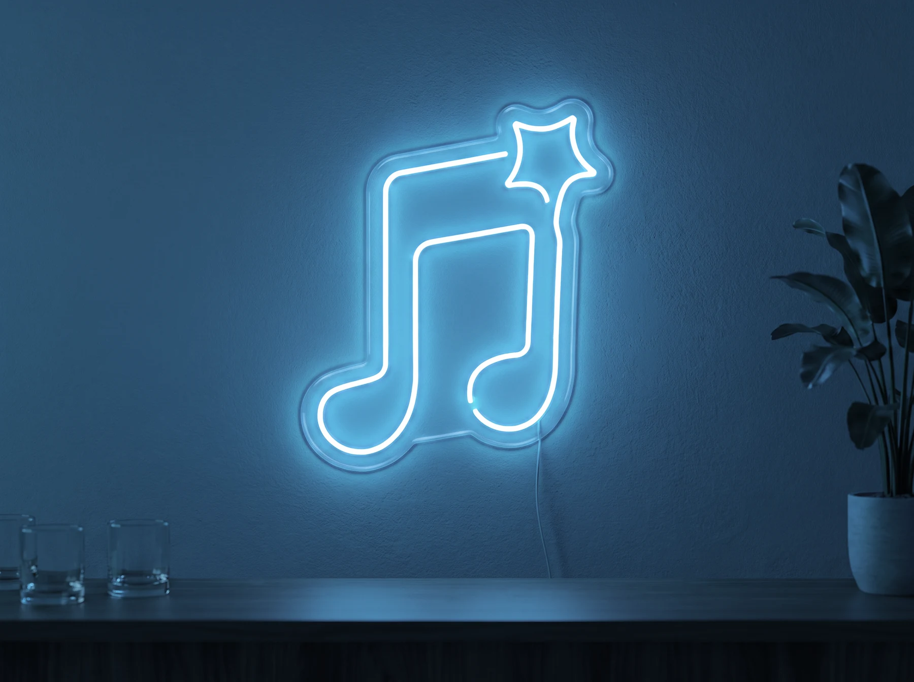 Neonskylt «Not» i isblå LED-neon, monterad på vägg
