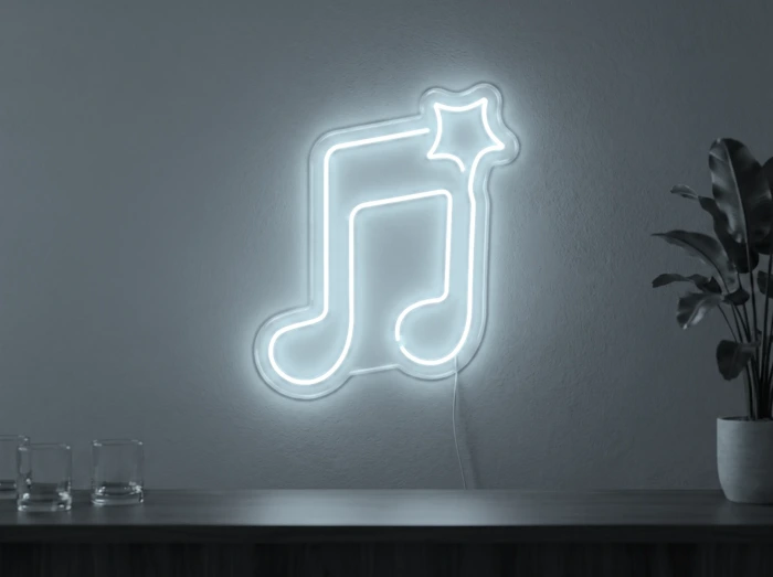 Neonskylt «Not» i iskall vit LED-neon, monterad på vägg