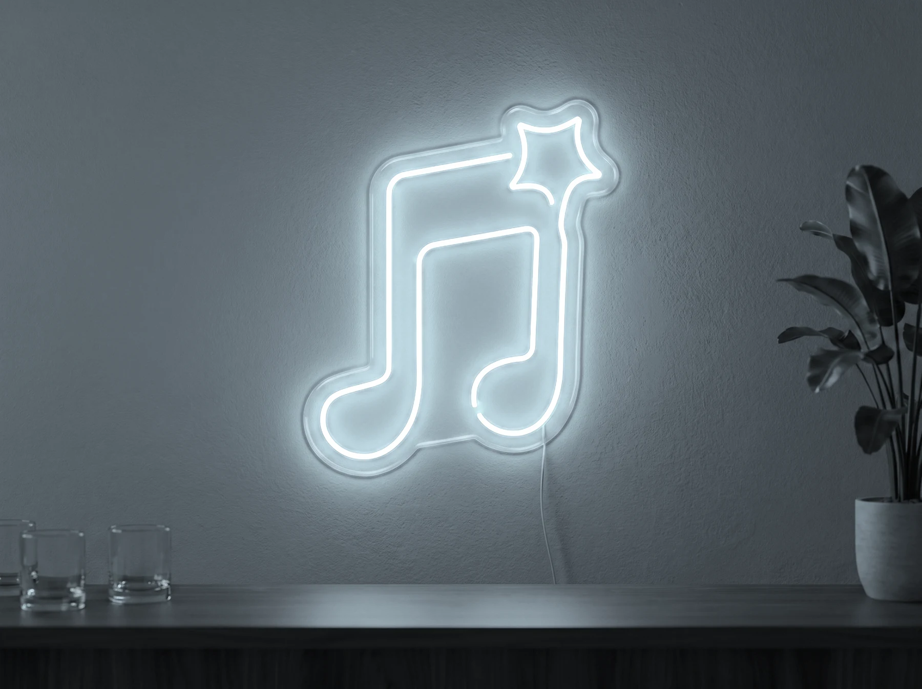 Neonskylt «Not» i iskall vit LED-neon, monterad på vägg