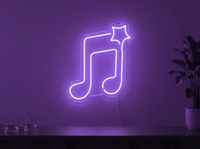 Neonskylt «Not» i lila LED-neon, monterad på vägg