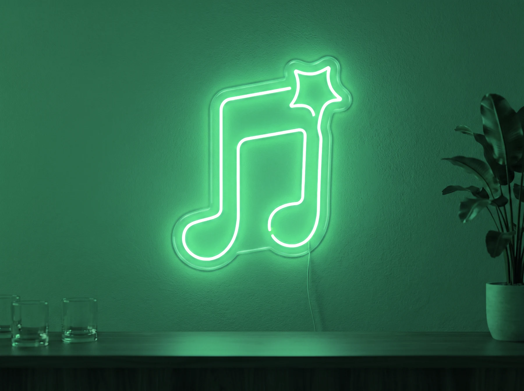 Neonskylt «Not» i mintgrön LED-neon, monterad på vägg
