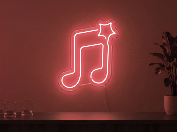 Neonskylt «Not» i röd LED-neon, monterad på vägg