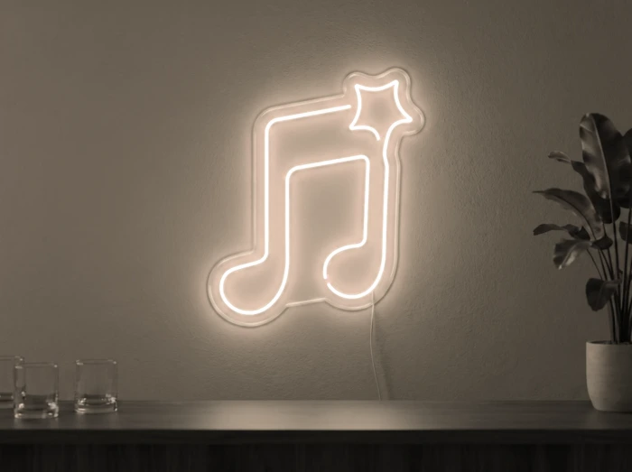 Neonskylt «Not» i varmvit LED-neon, monterad på vägg