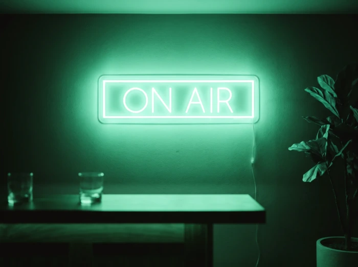 Neonskylt «On Air» i mintgrön LED-neon, monterad på vägg