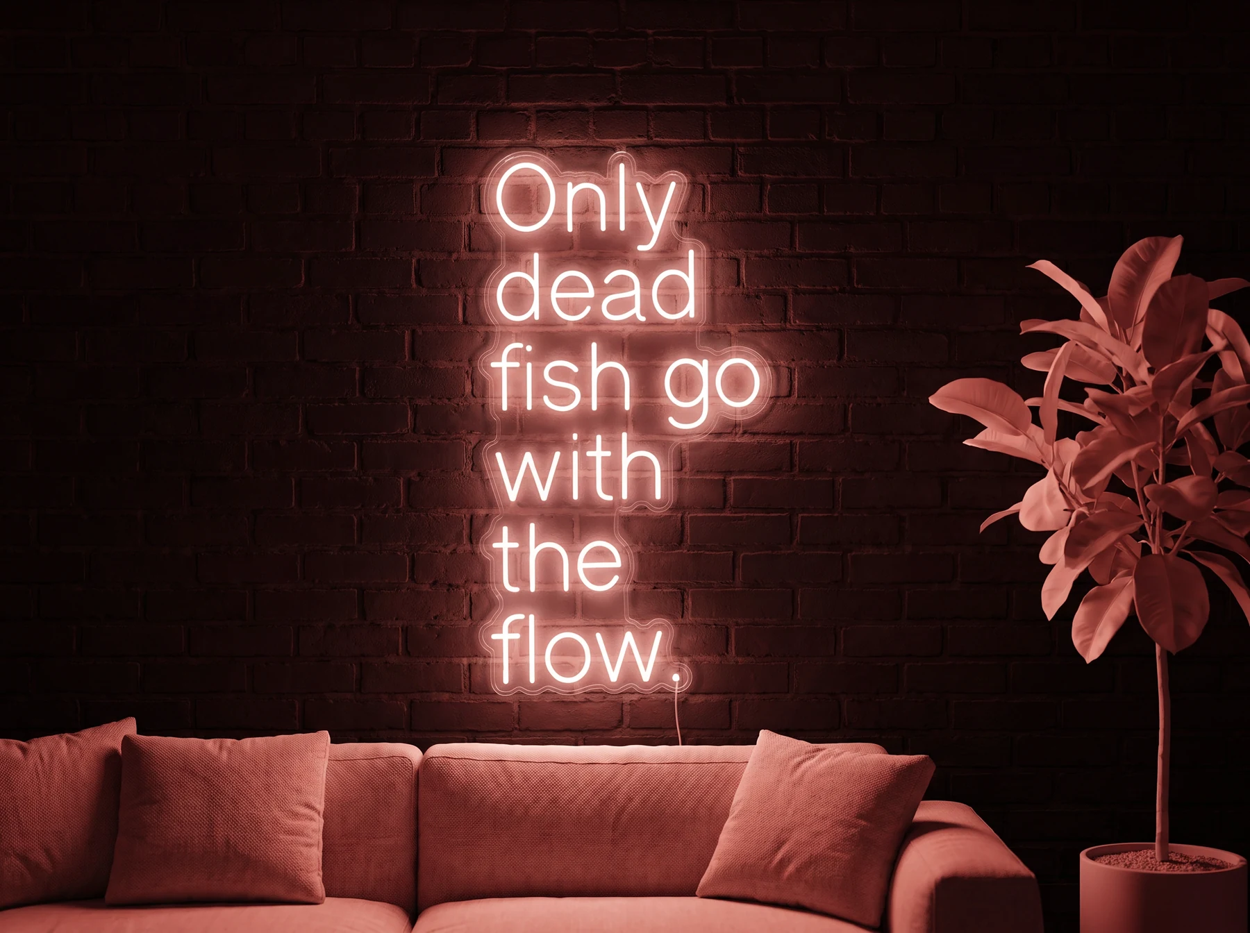 Neonskylt «Only Dead Fish» i röd LED-neon, monterad på vägg