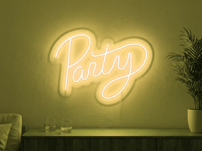 Neonskylt «Party» i gul LED-neon, monterad på vägg