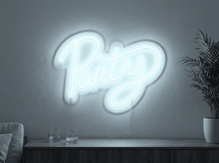 Neonskylt «Party» i iskall vit LED-neon, monterad på vägg