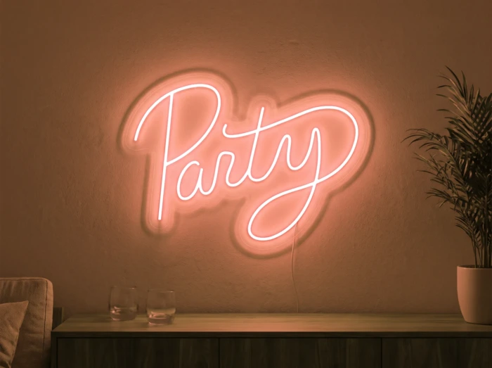 Neonskylt «Party» i orange LED-neon, monterad på vägg