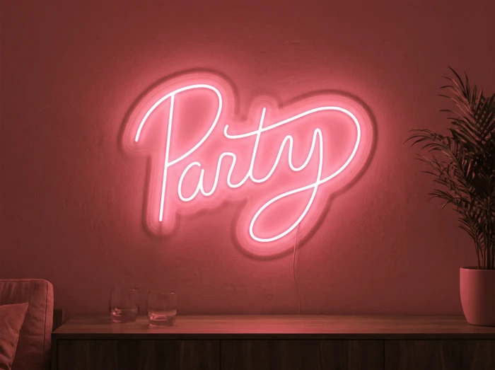 Neonskylt «Party» i röd LED-neon, monterad på vägg