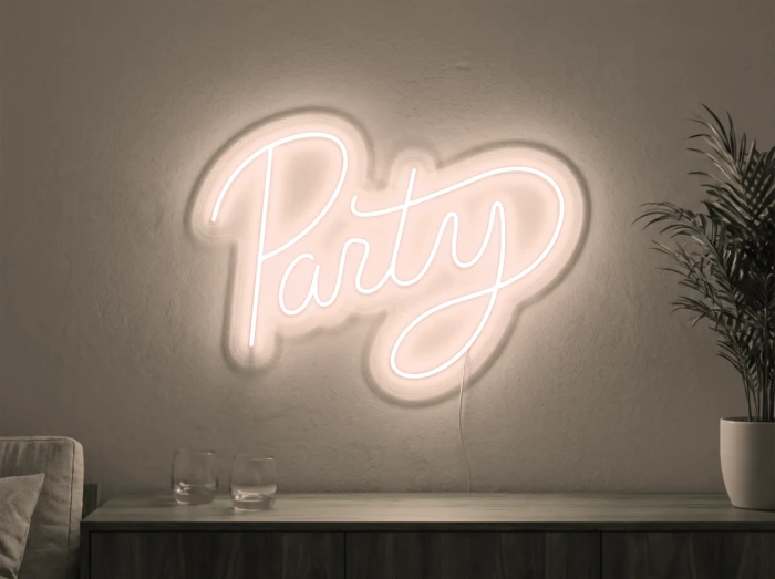 Neonskylt «Party» i varmvit LED-neon, monterad på vägg