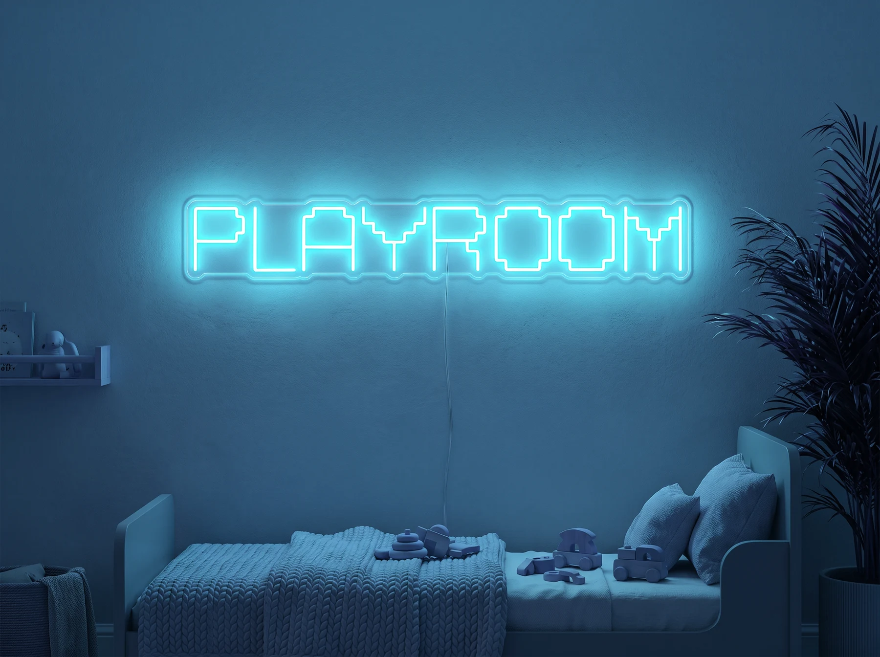 Neonskylt «Playroom» i isblå LED-neon, monterad på vägg