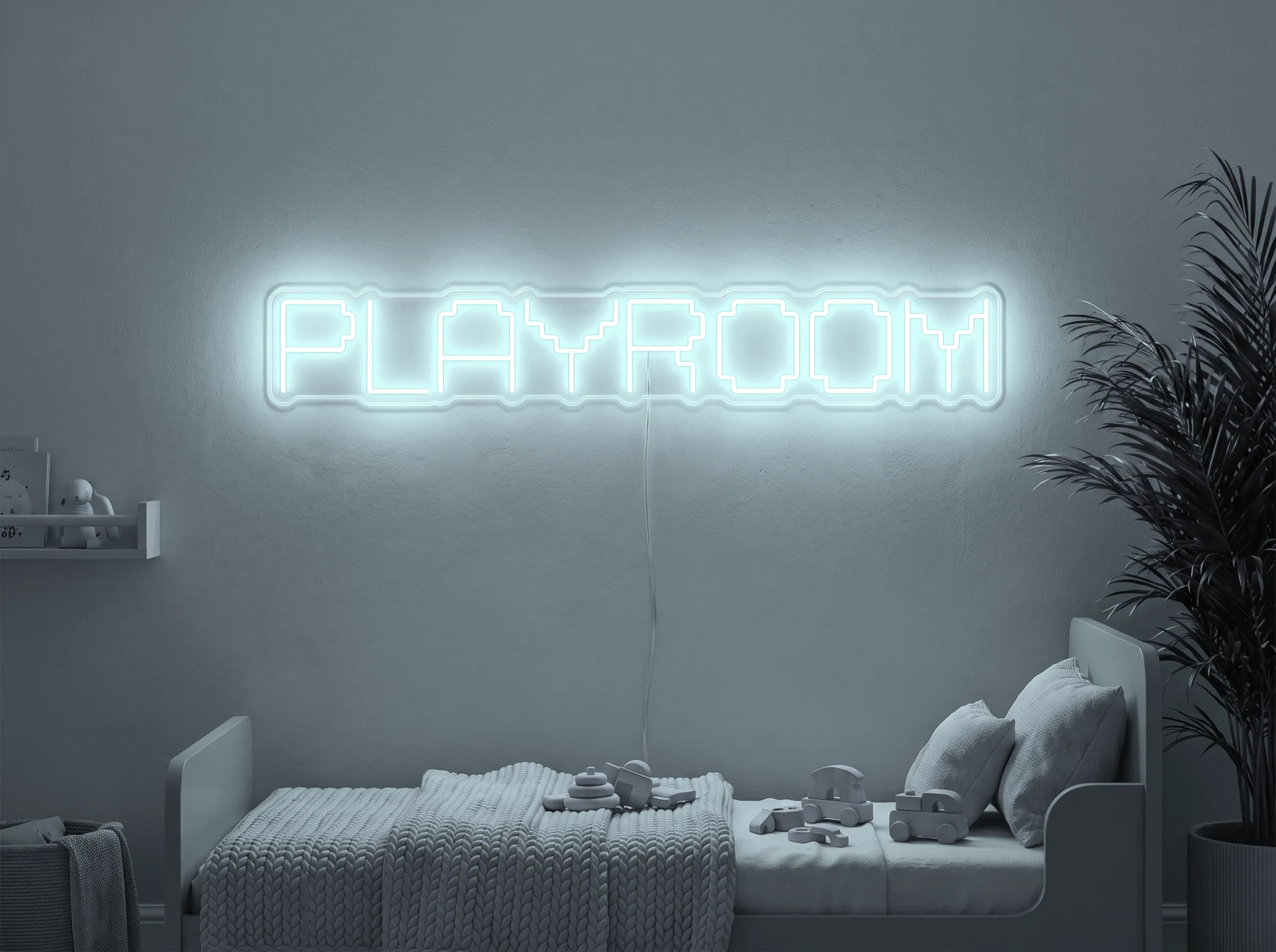 Neonskylt «Playroom» i iskall vit LED-neon, monterad på vägg