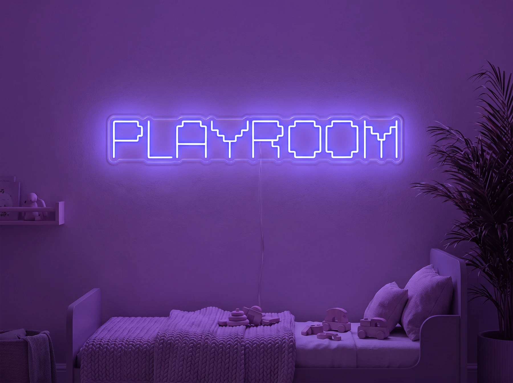 Neonskylt «Playroom» i lila LED-neon, monterad på vägg