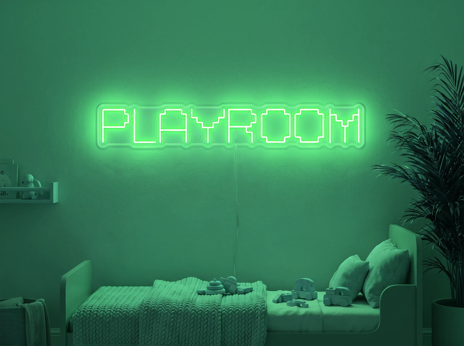Neonskylt «Playroom» i mintgrön LED-neon, monterad på vägg