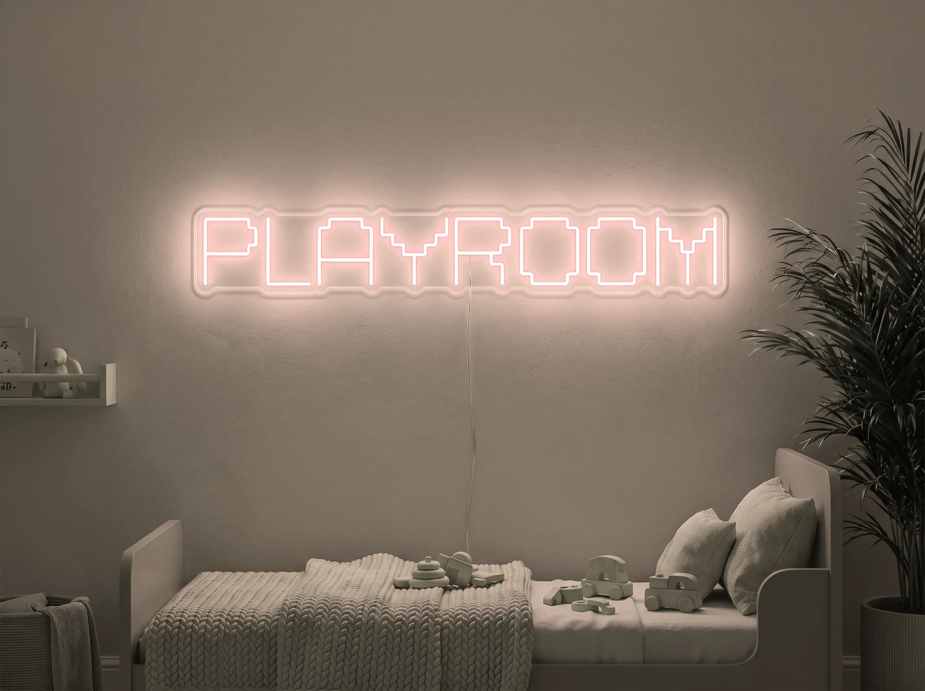Neonskylt «Playroom» i varmvit LED-neon, monterad på vägg