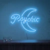 Neonskylt «Psychic» i isblå LED-neon, monterad på vägg