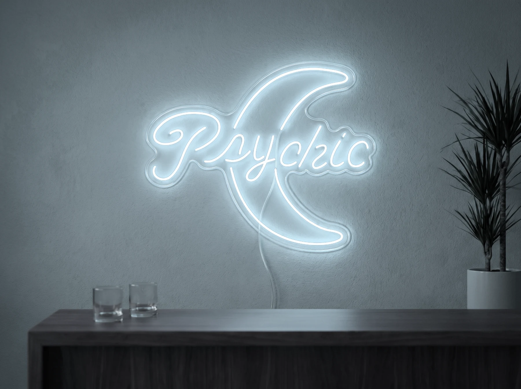 Neonskylt «Psychic» i iskall vit LED-neon, monterad på vägg