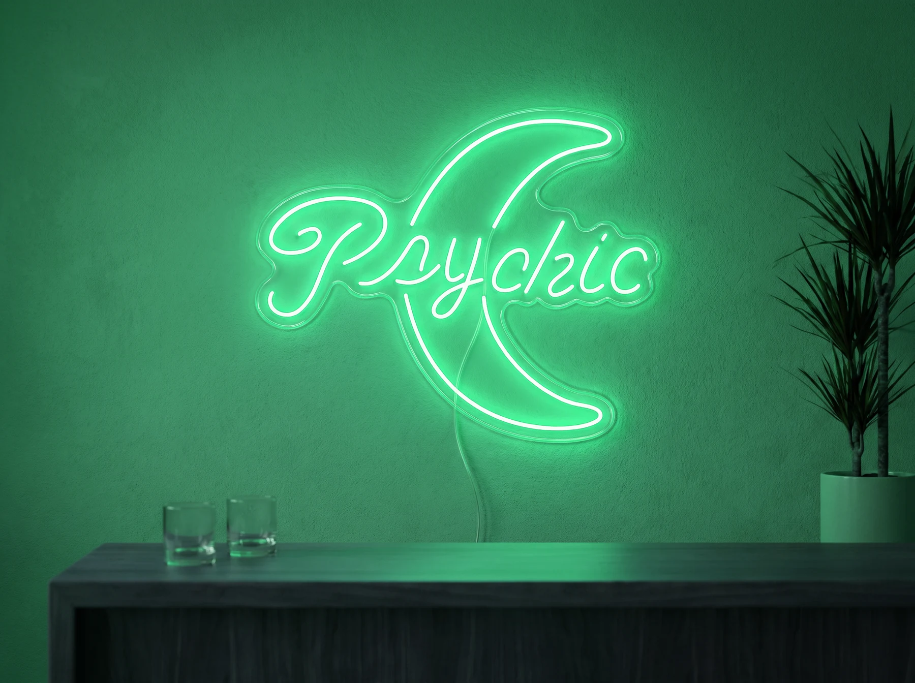 Neonskylt «Psychic» i mintgrön LED-neon, monterad på vägg