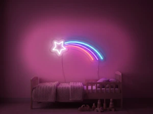 Neonskylt «Regnbåge med stjärna» i rosa LED-neon, monterad på vägg