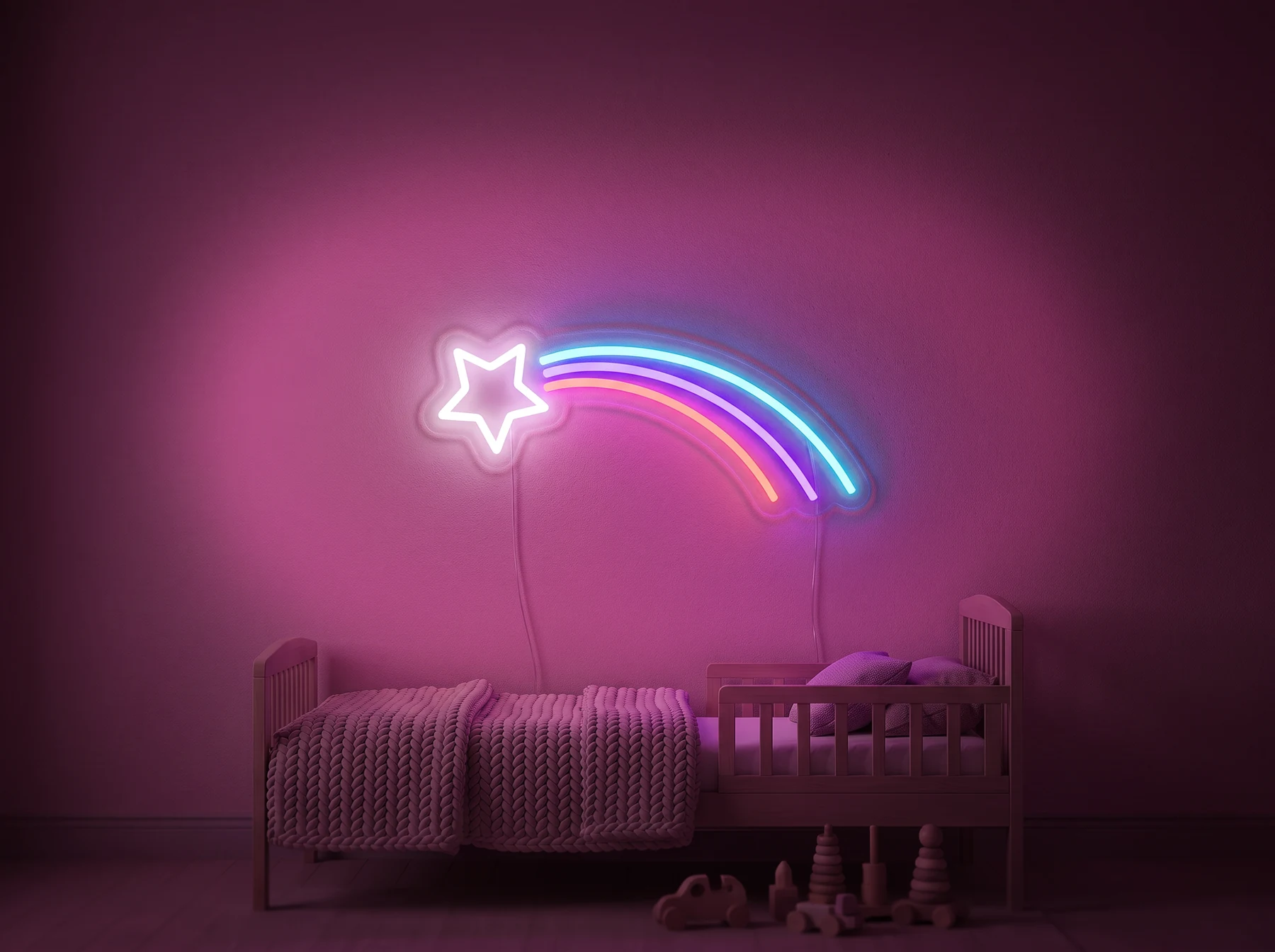 Neonskylt «Regnbåge med stjärna» i rosa LED-neon, monterad på vägg