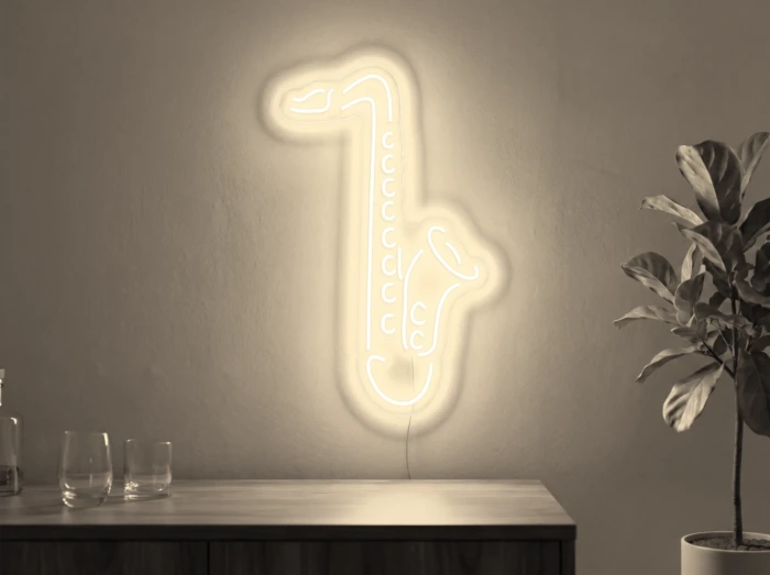 Neonskylt «Saxofon» i varmvit LED-neon, monterad på vägg