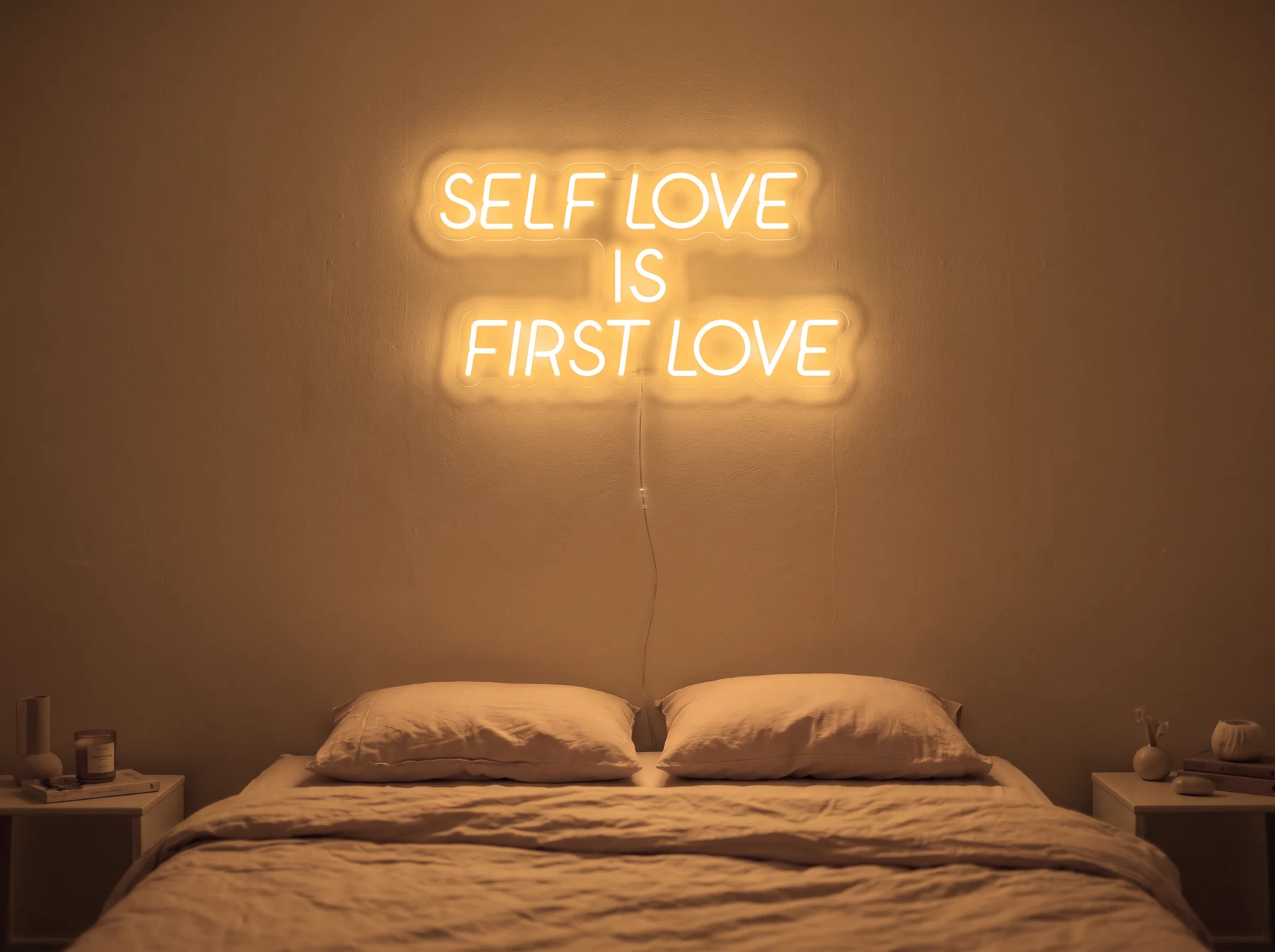 Neonskylt «Self Love Is First Love» i orange LED-neon, monterad på vägg