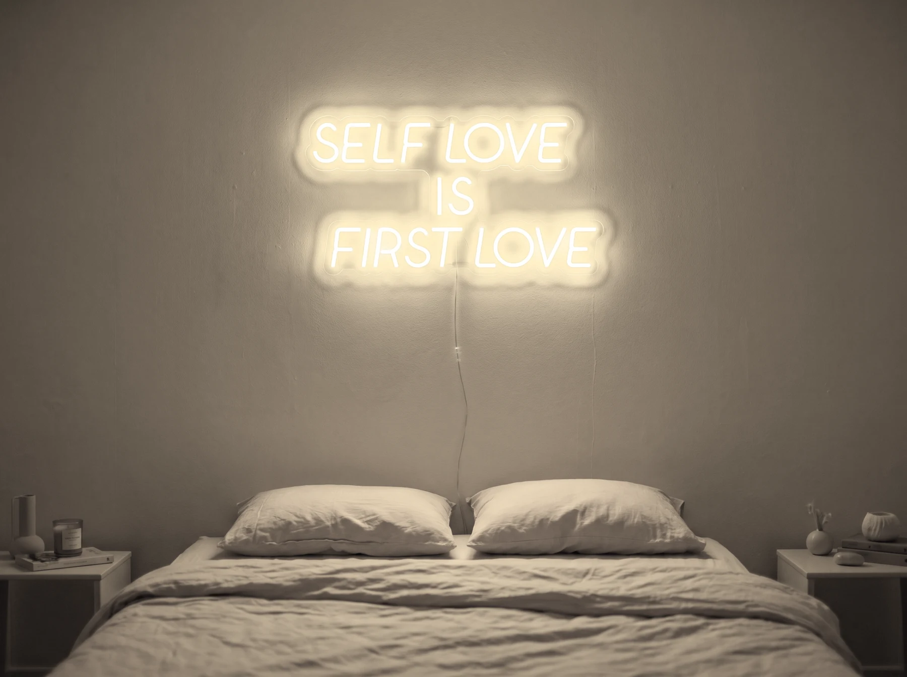 Neonskylt «Self Love Is First Love» i varmvit LED-neon, monterad på vägg