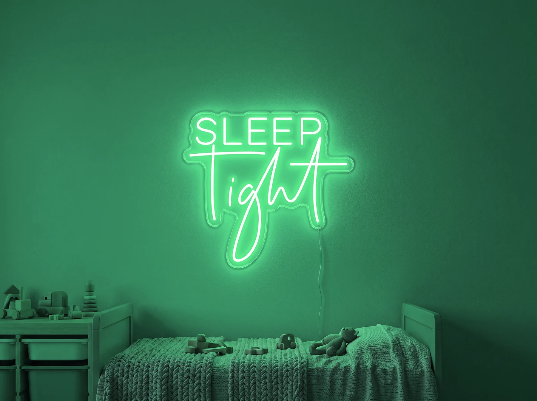 Neonskylt «Sleep Tight» i mintgrön LED-neon, monterad på vägg