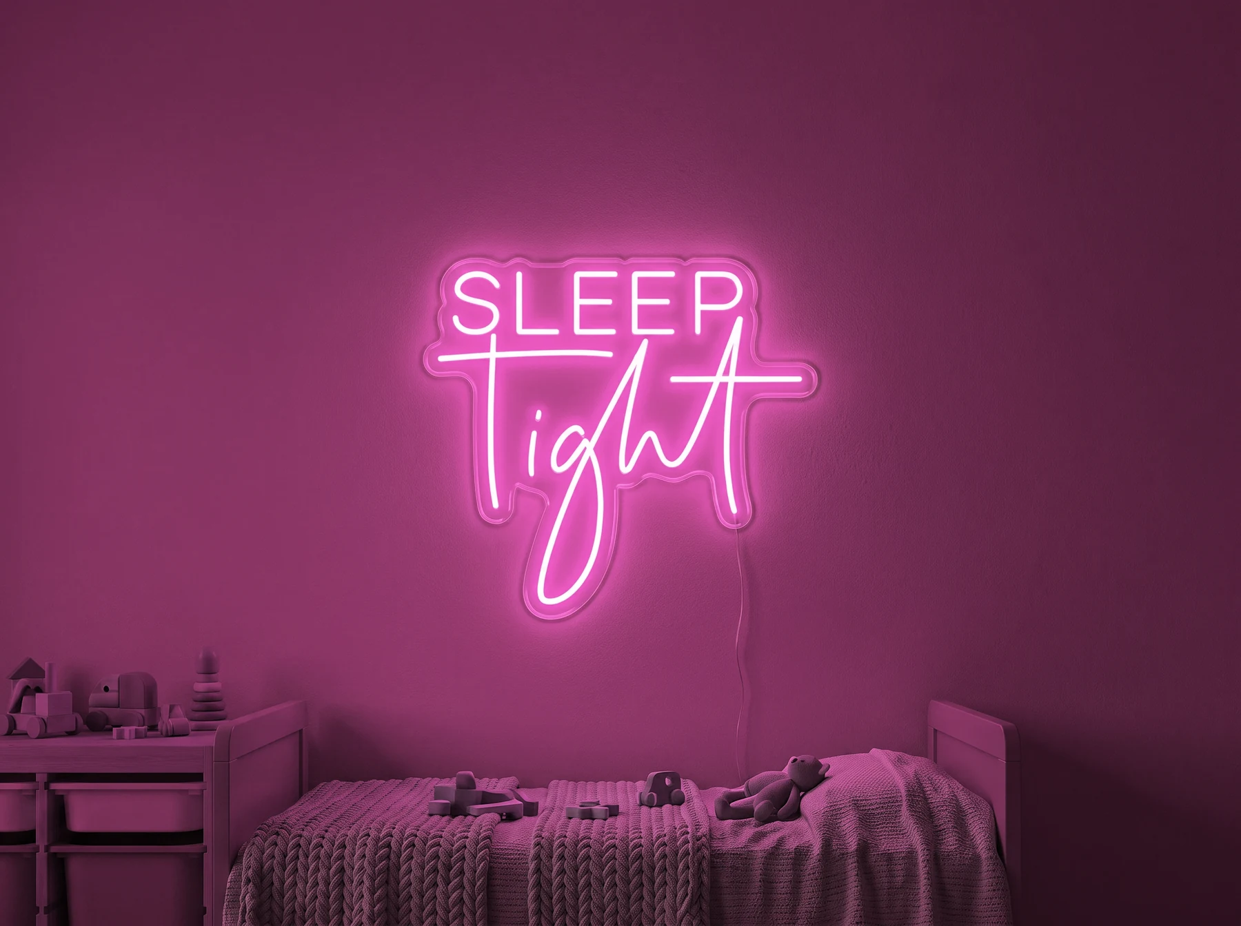 Neonskylt «Sleep Tight» i rosa LED-neon, monterad på vägg