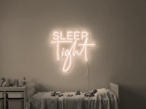 Neonskylt «Sleep Tight» i varmvit LED-neon, monterad på vägg