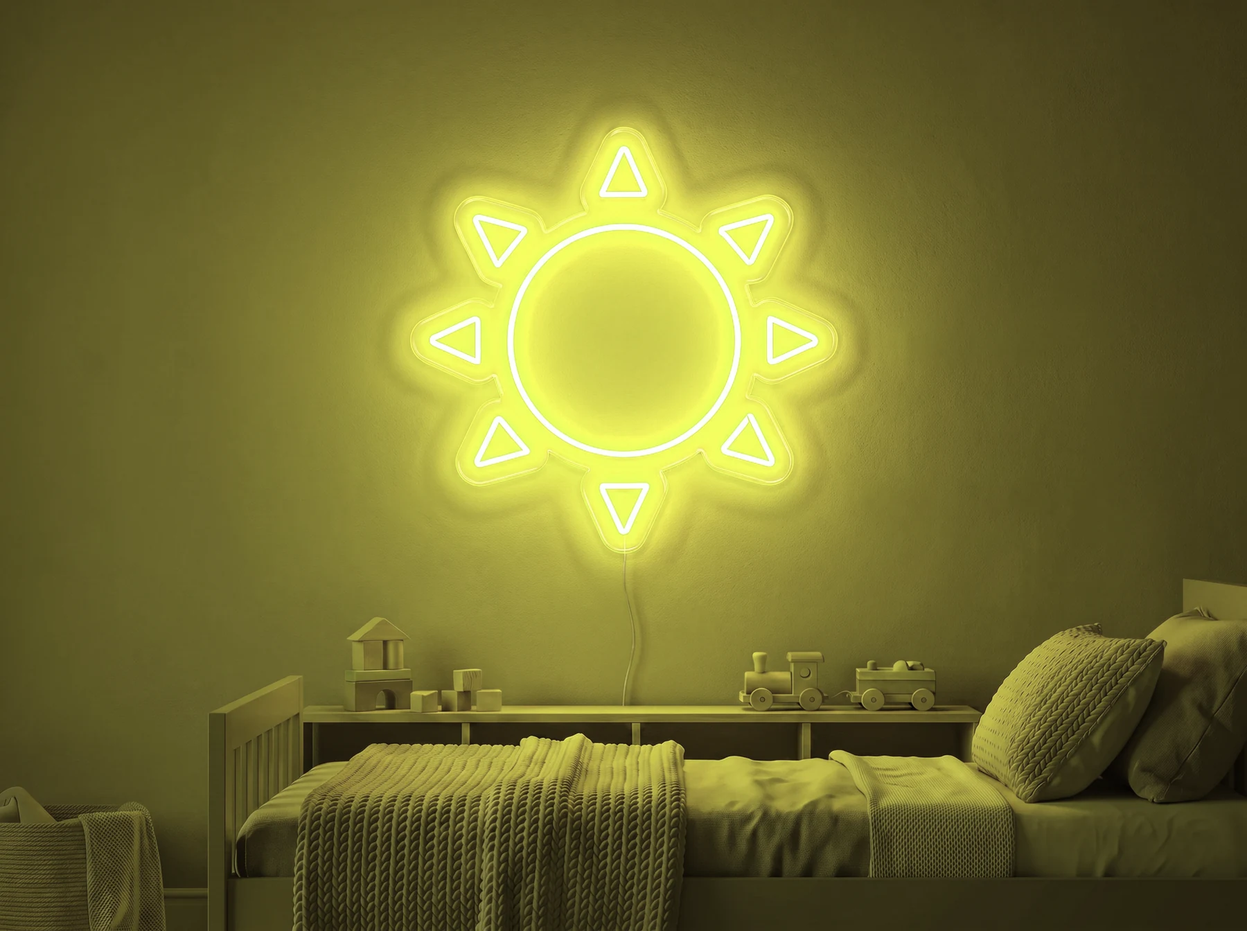 Neonskylt «Sol» i gul LED-neon, monterad på vägg