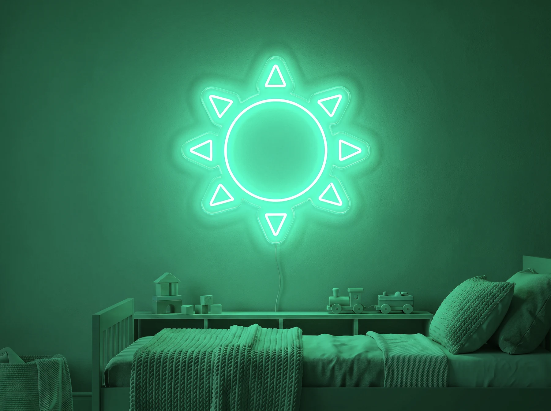 Neonskylt «Sol» i mintgrön LED-neon, monterad på vägg