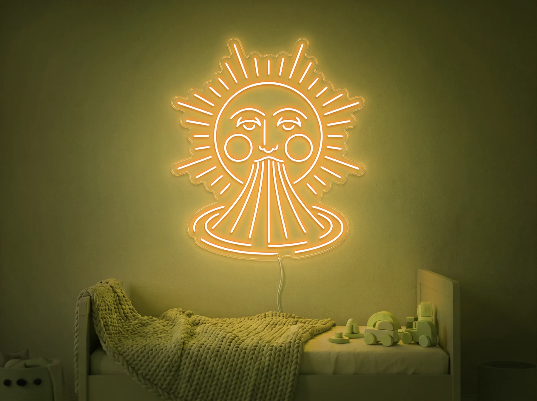 Neonskylt «Sol och regnbåge» i gul LED-neon, monterad på vägg