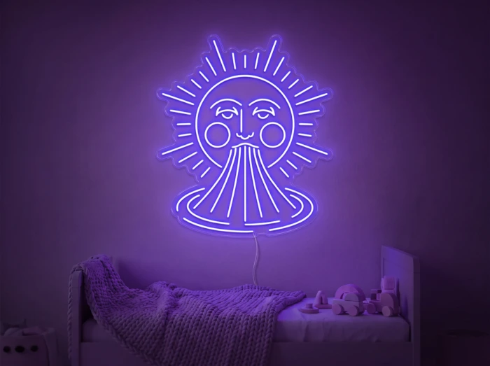 Neonskylt «Sol och regnbåge» i lila LED-neon, monterad på vägg