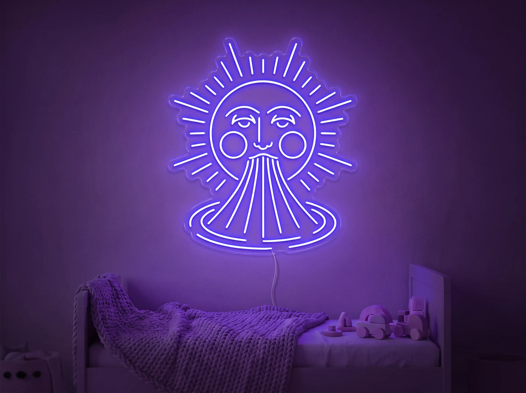 Neonskylt «Sol och regnbåge» i lila LED-neon, monterad på vägg