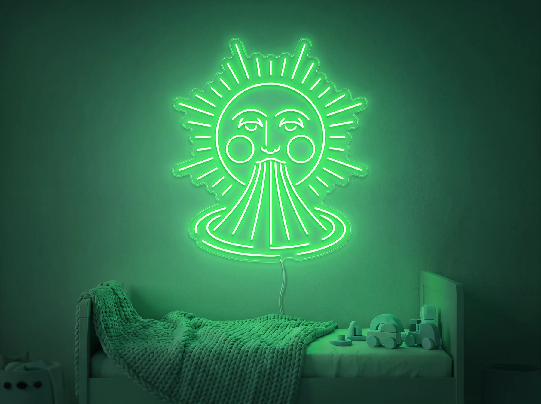 Neonskylt «Sol och regnbåge» i mintgrön LED-neon, monterad på vägg