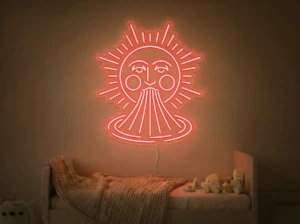 Neonskylt «Sol och regnbåge» i orange LED-neon, monterad på vägg