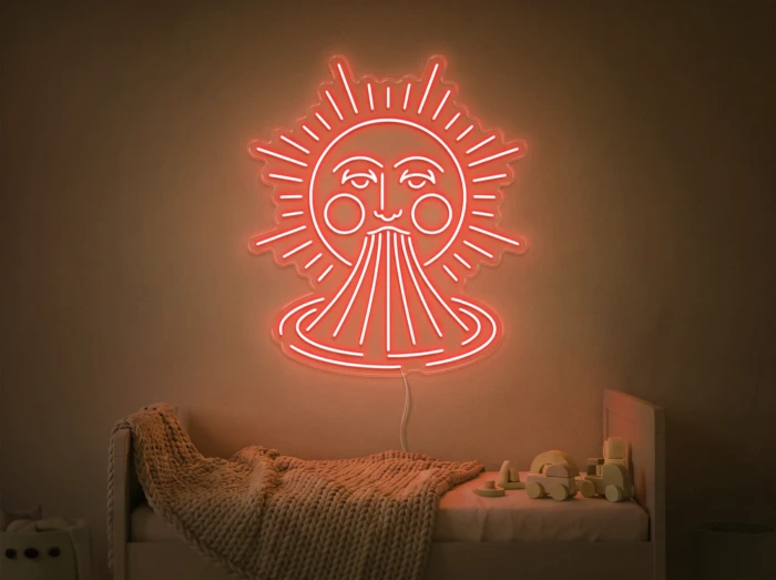 Neonskylt «Sol och regnbåge» i orange LED-neon, monterad på vägg