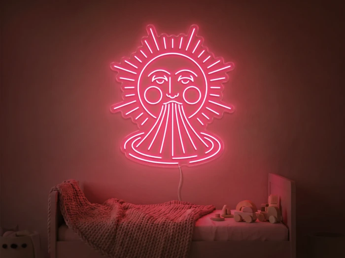 Neonskylt «Sol och regnbåge» i röd LED-neon, monterad på vägg